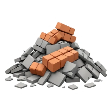 3D iPhone style emoji of a pile of bricks, roof pieces, and wall rubble, scattered and broken, isolated on white background, soft shadows, high detail, playful and cute sticker