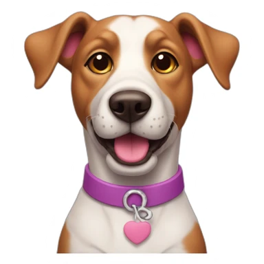 a purple dog with a brown nose and a pink collar with a bone happy  sticker