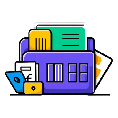 Closed folder icon with small symbols floating around: bank building, credit card, calculator, and document – organized financial archive sticker