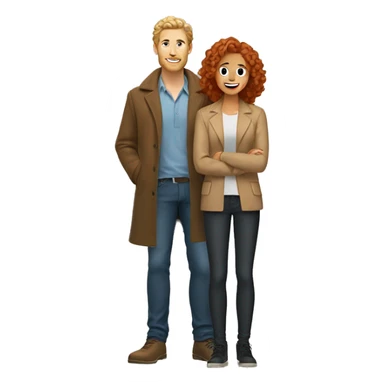 blonde man with curly hair on one knee in front of a woman with red hair in a tan coat sticker