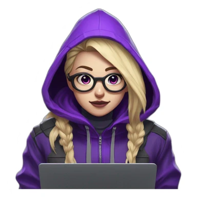 Girl blond artist with round glasses left side behind his laptop with this style: valorant riot Game purple character purple black hooded hacker themed character sticker