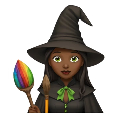 elphaba the wicked witch from wicked movie (cynthia erivo) dark long hair, thick lips, witch hat, broom sticker