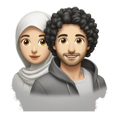 young white European guy with curly black hairs plus girl hijab  sticker
