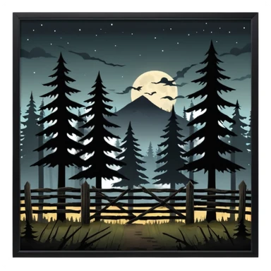 a dark, brooding forest at night, with large looming fir trees. in front of the forest is a dilapidated old farm fence. sticker