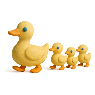 mother duck with ducklings following her, playful and cute, pastel colors, visible fingerprints, claymation style sticker