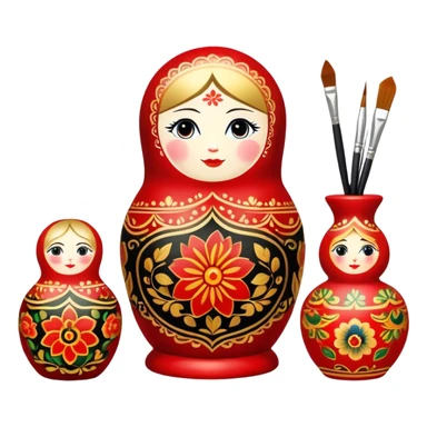Wood painting icon, process of creating painted wooden matryoshkas (nesting dolls) of various sizes, vase, and small wooden box, visible carving tools, paintbrushes, traditional patterns in bright colors like red, gold, and black, no finished artwork, just the crafting process, minimalistic style, clean lines, transparent background. sticker