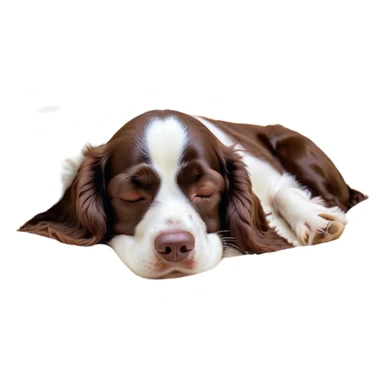 Meme-Worthy Cute Sleeping Springer Spaniel Portrait Emoji, Head resting peacefully with a contented smile, showcasing a delightfully agile build and a luxuriously soft liver and white Fur, eyes shut in a serene nap, Simplified yet hilariously adorable features, highly detailed, glowing with a soft, drowsy light, high shine, relaxed and utterly lovable, stylized with an air of playful laziness, bright and heartwarming, soft glowing outline, capturing the essence of a comically sleepy companion, so meme-worthy it feels like it could instantly become the next viral sensation of adorable slumber! sticker