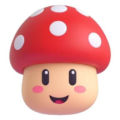 3D emoji style Mario Mushroom, rounded, shiny, red cap with white spots, cute face, soft shadows sticker