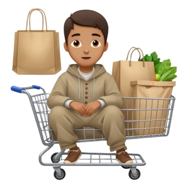 A man in oversized second-hand clothes, sitting beside a shopping cart of items, looking around with soft hopeful eyes.
 sticker