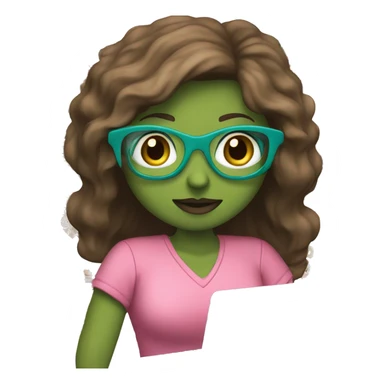 Female coding teacher featuring a laptop. She has long brunette hair, green eyes, white skin, teal eye glasses, rose lips, and a pink feminine shirt sticker