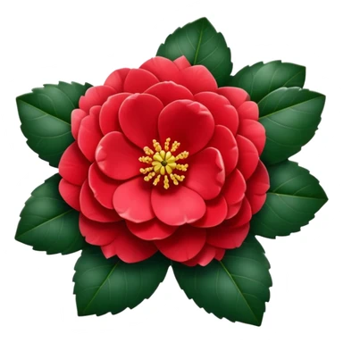 Traditional red camellia japonica (tsubaki) flower with perfectly symmetrical layered petals and glossy dark green leaves sticker