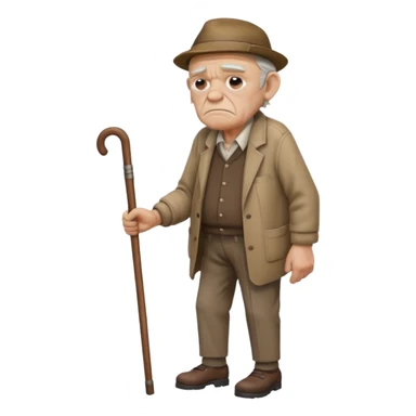 Old man leaning on a walking cane and holding his crancky back with his hand, grumpy face, detailed sticker
