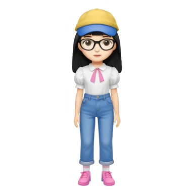 A yellow-skinned girl with long straight black hair, flat bangs, black frame glasses, a white puffy sleeve doll shirt, blue spacious jeans and pink shoes, and a black painter's hat，no yellow spikes. sticker