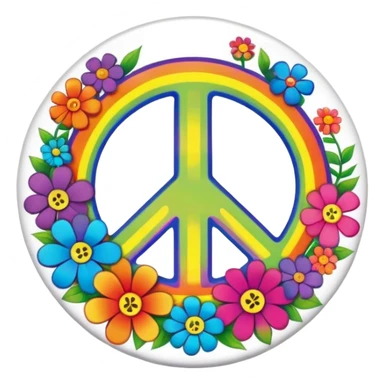 A round psychedelic colored button with the word “peace” in the center with rainbow colored hippie style flowers sticker
