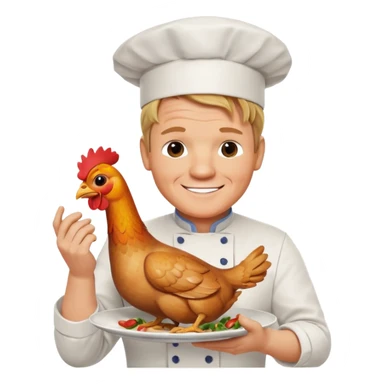 Gordon Ramsay smiling, holding a cooked chicken on a plate, chef outfit sticker