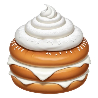 A bun with visible whipped cream in the middle beteween two bun halves and powdered sugar on top sticker