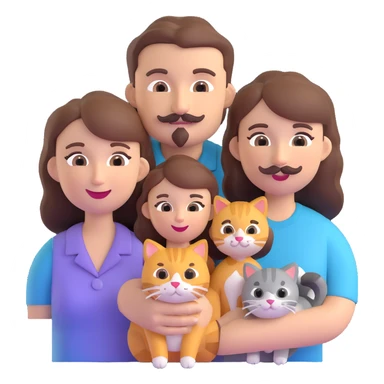 a family portrait: mom with brown hair, dad with brown hair and mustache, daughter with brown hair, and three cats, friendly 3D emoji style sticker