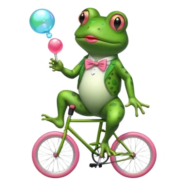 A frog riding a unicycle wearing a monocle blowing a bubble gum bubble sticker