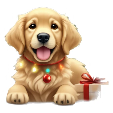 Golden retriever puppy cute with reindeer antlers and a red nose in front of a decorated Christmas tree with Christmas lights ￼ sticker