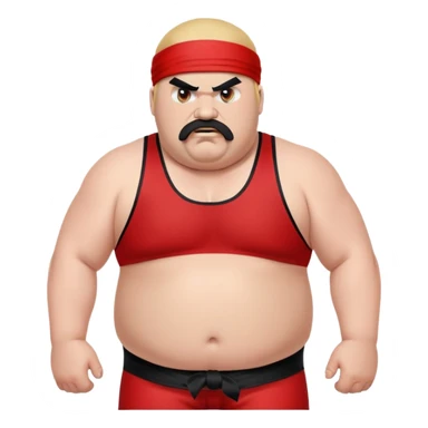 Close-up of morbidly obese white skin guy with young face, prominent BLACK DURAG tied clearly on head, distinct black beard and mustache, no muscle, black eyes in a red and black wrestling singlet with angry face sticker