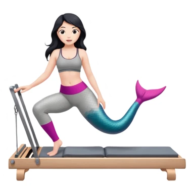 Create a Pilates emoji: a girl with fair skin and black hair, wearing a grey bra and grey leggings with pink pilates socks, doing  mermaid on a wooden reformer. Make it look at the reformer. Make the colors neutrals. sticker