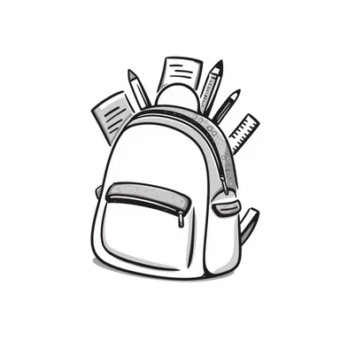 a backpack with pockets, zippers, and straps, containing school supplies like notebooks, pencils, and rulers peeking out, in pastel colors dd9fb0, ffc6d3, a3bfc9, c4bee2, f1b091, detailed hand-drawn doodle style sticker