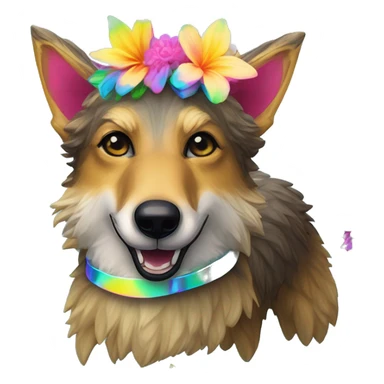  brindle fluffy lurcher Alsatian fox running blue eyes fluffy ears and iridescent holographic oilslick harness wearing paper iridescent tropical flower crown yellow caution tape neon sign sticker