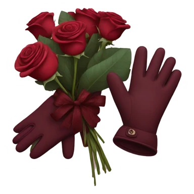 bouquet of burgundy roses next to gloves sticker