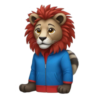 a lion and a raccoon, with combined blue and red clothes sticker