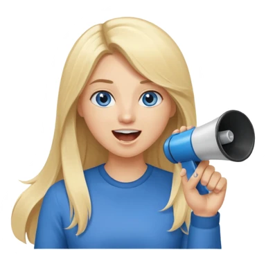  blue eyes blonde girl yelling into megaphone smiling long hair holding up finger sticker