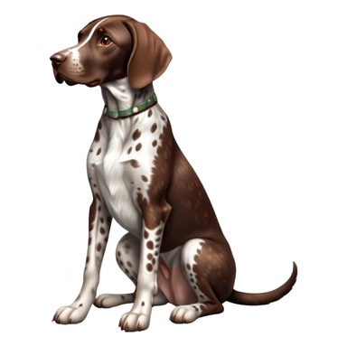 cinematic-[german pointer]-realistic-full-body-sitting-emoji,-tail-resting-loosely-beside-its-paws,-head-tilted-dramatically,-sleek-[brown and white spotted]-fur,-simplified-yet-realistic-focused-features,-highly-detailed,-glowing-with-an-almost-sarcastic-glow sticker