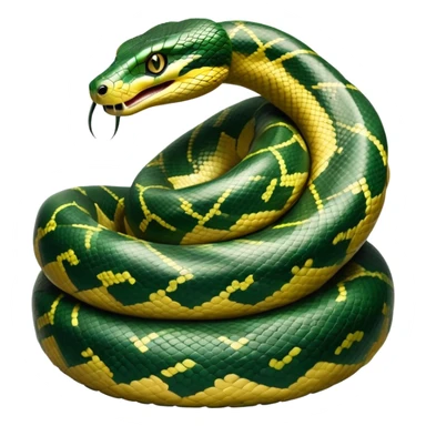 cinematic-anaconda-realistic-full-body-coiled-emoji,-thick-muscular-body-wrapped-in-powerful-loops,-smooth-green-and-black-patterned-scales-glinting-under-the-light,-head-raised-slightly,-piercing-golden-eyes-staring-intensely,-simplified-yet-realistic-focused-features,-highly-detailed,-glowing-with-an-almost-sarcastic-glow sticker