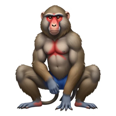 cinematic-baboon-realistic-full-body-sitting-emoji,-muscular-arms-resting-on-its-knees,-head-tilted-dramatically,-thick-grey-and-brown-fur,-bright-red-and-blue-muzzle-standing-out,-simplified-yet-realistic-focused-features,-highly-detailed,-glowing-with-an-almost-sarcastic-glow sticker