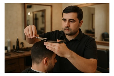 shu odamni sartaroshxonada mijozlarni sochini olayotganin  tasvirlab ber juda yosh ham katta ham bo'lmasin semiz ham bo'lib ketmasin o'smirin davrini yuzi ko'rinmasin sticker