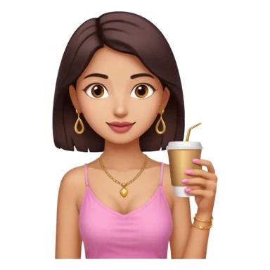 a pretty fair indian bratz girl with a pink cami top, drinking takeaway brown coffee, golden dainty necklace sticker