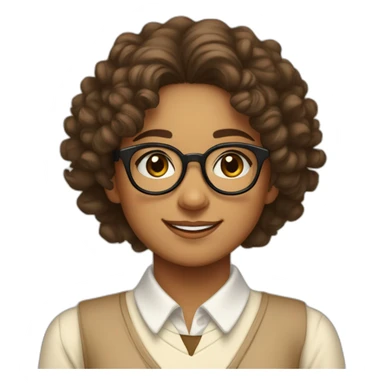 smiling indian teenage girl with curly hair and glasses wearing a collared long sleeve white shirt under a beige v shaped collar sweatervest with no buttons sticker