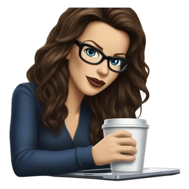 Hyper Realistic Kate Beckinsale dark blue eyes wearing glasses drinking coffee at a laptop  sticker
