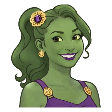 Animated woman inspired by Disney’s Hercules, with long brown hair styled in a single high ponytail with wavy ends. A signature curl falls over her forehead. She wears a flowing purple dress with golden brooches on the straps and has a confident, playful smirk sticker