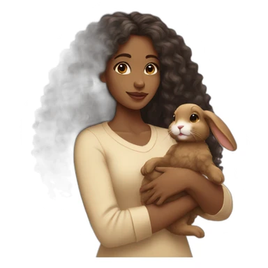 black woman long curly hair holding floppy eared tan rabbit cute sticker