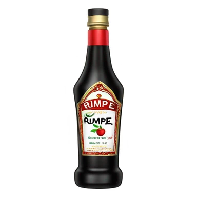 Tall clear alcohol bottle of “Rumple Minze” alcohol with black and red label sticker