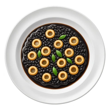 cinematic-realistic-black-risotto-dish-emoji,-showcasing-small ring pieces in black sauce -rendered-with-bold-textures-and-dynamic,-dramatic-lighting in a white plate sticker
