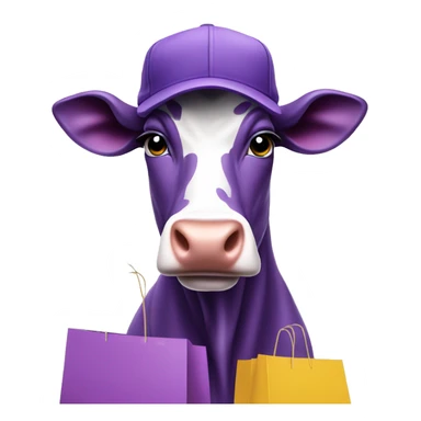 Purple cow in a cap with shopping bags sticker