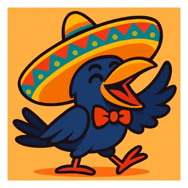 a cartoon crow with a large mariachi sombrero, festive look, colorful and lively sticker