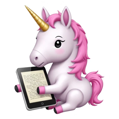 Emoji WhatsApp di un unicorno di peluche bianco con corno rosa, cuffie nere e e-reader. Stile vettoriale pulito, forme arrotondate, colori morbidi, espressione dolce, sfondo trasparente. sticker