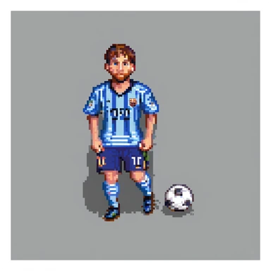 Lionel Messi dribbling a soccer ball, pixel art style, vibrant colors sticker