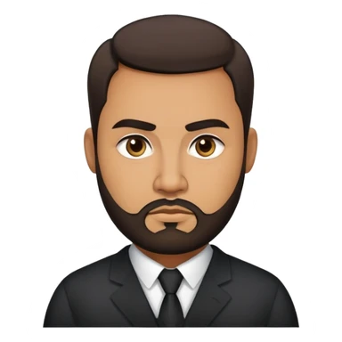 Heavier-set producer with light brown skin, pear-shaped face, full cheeks, serious dark eyes, thick eyebrows, wide nose, confident expression, short well-groomed beard, very short dark hair, wearing a black dress shirt sticker