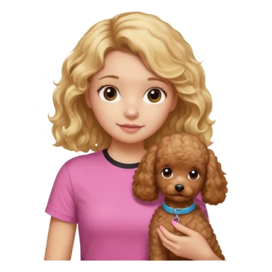 hazme un emoji que sea una niña rubi con el pelo ondulado i una camiseta rosa que ponga brownie, i acariciando a un perro (caniche toy) si pero con el pelo mas largo i no tan rubia el pelo marron i no rubia sticker