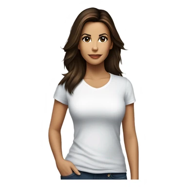 3/4 face, contrasted, shadow, light, Eva Longoria expression, standing, thin nose, brunette woman, hazel eyes, long eyelashes, dark shoulder shaded hair, white t-shirt, jeans, white sneakers sticker