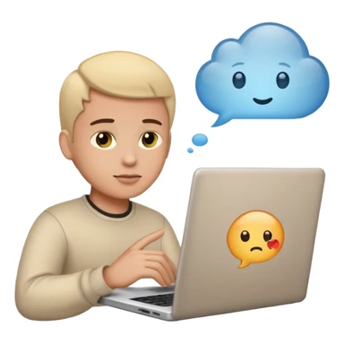 programmer emoji with laptop, with a thought bubble containing code symbols sticker