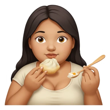 Can you create an emoji of a half Indian - half white 23 year old girl with dark brown mid length hair and brown eyes who is super obese and eating a dumpling. Can the emoji be from head to toe sticker